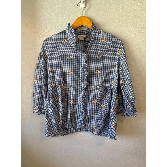 Sundance Womens Blue Gingham Floral Embroidered Button-Up Blouse With Ruffles - Picture 1 of 8